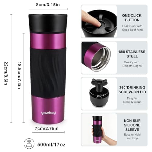 Yawbay Travel Coffee Mug with 360°Lid, Travel Coffee Tumbler 16 oz Leak Proof, Stainless Steel Insulated Travel Mugs for Hot and Cold Spill Proof Leak Proof(MetPaintBlue) — view 4