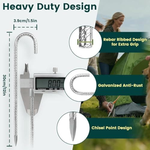 Tent Pegs Metal Heavy Duty: 8 Pack 12-Inch Steel Ground Pegs - Strong Galvanised J-Shape Rebar Stakes for Outdoor Camping/Garden/Swing/Gazebo/Football Goal-Net — view 2