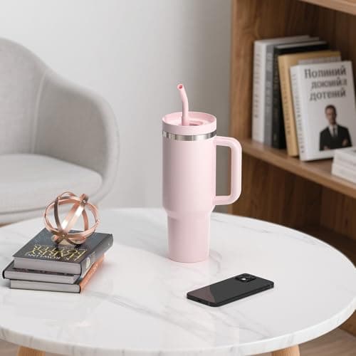 LEIKEEGO Travel Mug Coffee Cup, 1200ml/40oz Tumbler with Straw and Lid, Stainless Steel Double Wall Vacuum Insulated Coffee Cup with Handle-Keeps Cold for 24H-Hot for 12H(Pink) — view 2