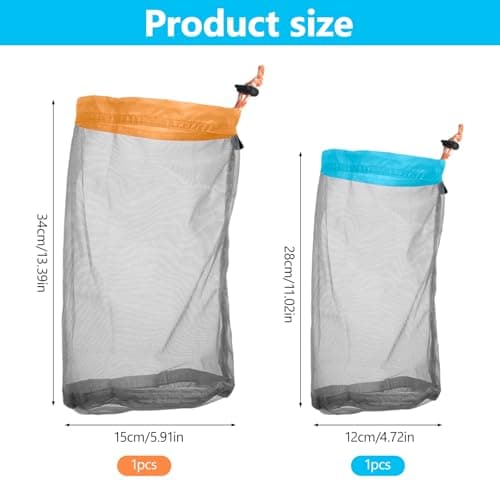 2 Pcs Stuff Storage Mesh Drawstring Bags, Ultra-light Mesh Stuff Sack Storage Bag, Durable Net Bag with Drawstring, Small Travel Stuff Sack for Camping Hiking (S - Blue 12x28cm, M - Orange 15x34cm) — view 3