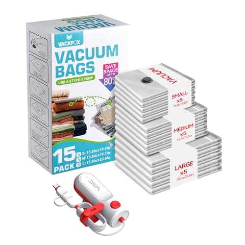 VACKFOX Vacuum Bags for Travel with USB & TYPE C Pump,Vacuum Seal Travel Bags,15 Pack Carry-on Size Vacuum Storage Bags for Luggage and Suitcase,Space Saver for Clothes and Travel(Red)