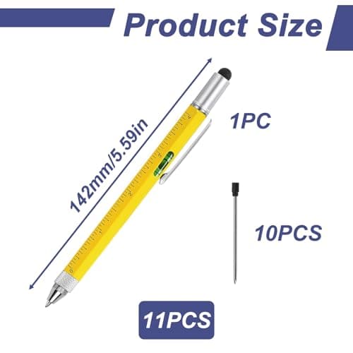 11 PCS Multi Tool Pen, Multitool Pen 6 in 1 Yellow Cool Gadgets for Men Husband Grandpa Engineer Handyman with Stylus Bubble Level Ruler Flathead Phillips Screwdriver Ballpoint and 10 Extra Refills — view 2