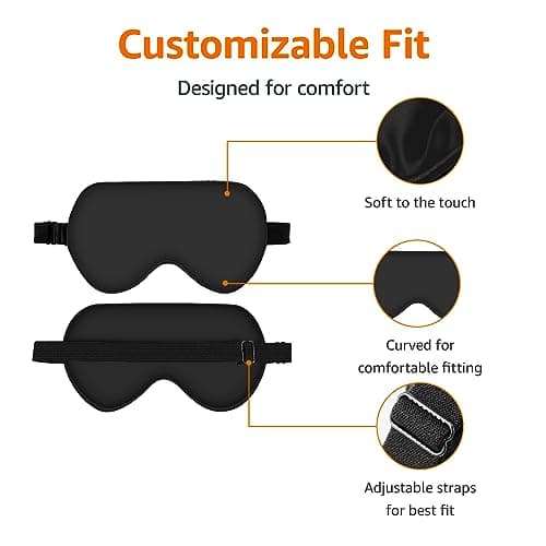 Amazon Basics Genuine Natural Mulberry Silk Eye Mask, Curved Sleep Mask with Adjustable Strap, Pack of 1, 21.5 x 11.2 cm, Black — view 3