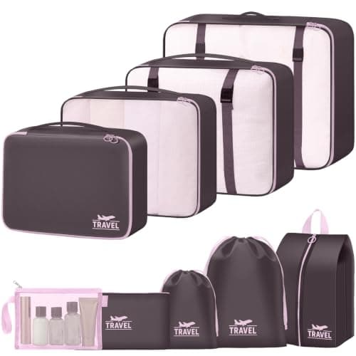 Packing Cubes for Suitcases, MOFELON 8 PCS Travel Luggage Organiser Bags, Waterproof Compression Packing Cubes for Backpack, Travel Essentials for Clothes Shoes Storage Bag-Coffee Pink
