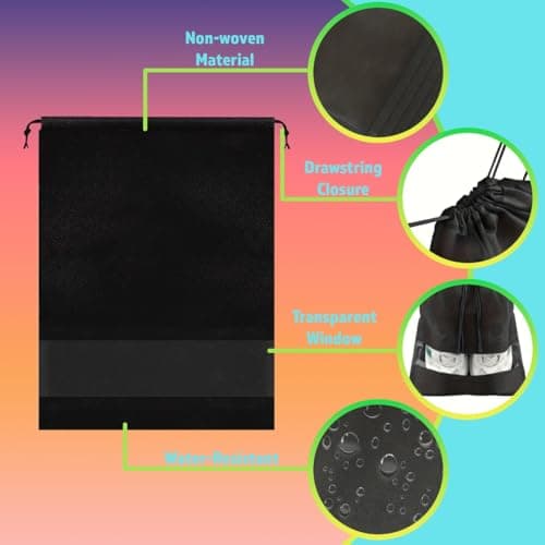 Travel Shoe Bags Set of 10 – Waterproof Drawstring Shoe Bags for Men & Women – Durable & Lightweight Shoe Storage Organiser for Travel, Black, Large 33x44cm — view 3