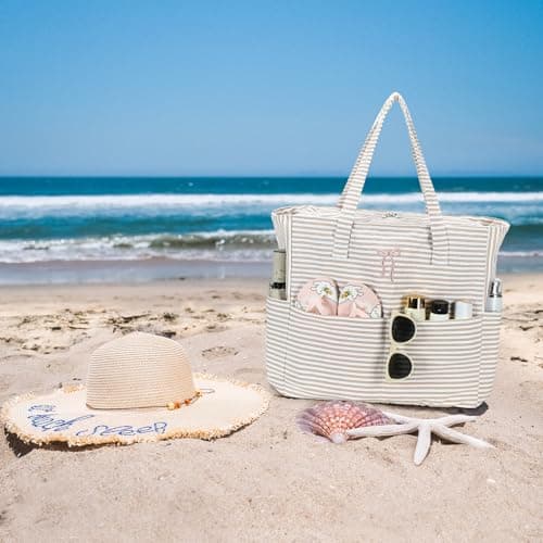 Bluboon Beach Bags for Women, Large Waterproof Tote Bag With Wet Compartment for Pool Weekender Travel Gym, Brown Striped Bow, XL, Casual Sporty Tote — view 3