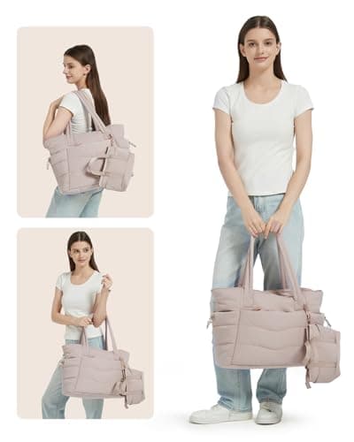 Tote Bags for Women with Zipper, Set of 2 Shoulder Handbags with 15.6 Inch Laptop Compartment & Water Bottle Pocket for Work School Travel College,Beige (Patent Pending) — view 2