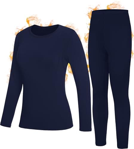 Roadbox Thermal Underwear Base Layer for Women Fleece Lined Crew Neck Long Johns Warm Top & Bootom Set Ski Winter Navy Blue