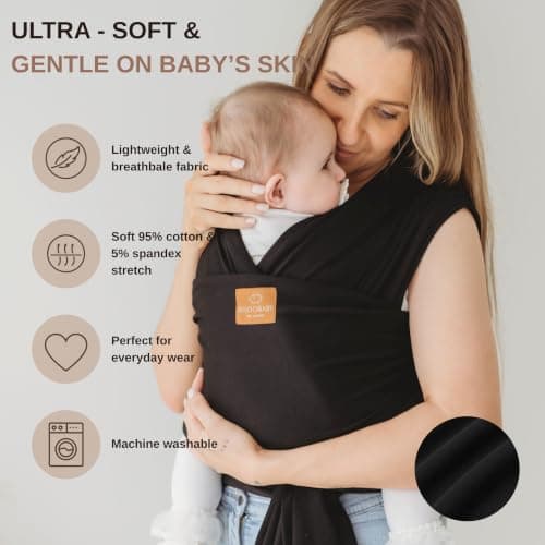RYLOOBABY Baby Sling Carrier & Stretchy Baby Wrap - Newborn Baby Carrier 3.2–15 kg, Soft Cotton Hands-Free Babywearing Sling, Hip Healthy, One Size XXS–XXXL - Black — view 3