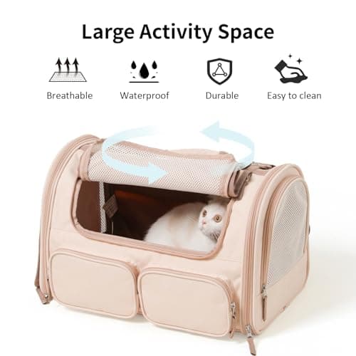 FUKUMARU Cat Carrier, 4 Mesh Windows Small Dog Carrier, 4 Storage Pockets Cat Travel Bag, Under 6.8 Kg Airline Approved Pet Carrier, Rollable Cover for Nervous Cats, Pink — view 2