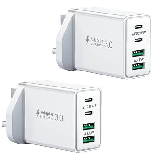 2-Pack 40W USB C Plug, Multi UK USB Plug Fast Charger Plug Multiple Charging Head 4-Port Dual Type C Power Adapter Multiport Wall Plug for iPhone 16 15 14 13 12 11 Pro Max Plus X XS XR 8,iPad,Samsung