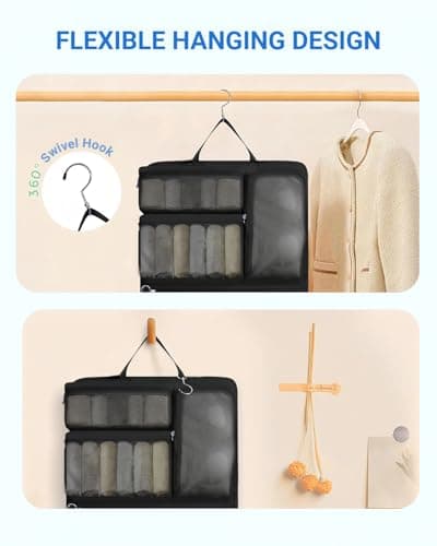 WANDF 6-in-1 Packing Cubes with 360° Hanging Hook, Water Resistant Compression Travel Packing Organiser Bags, Multi-Functional Hand Luggage Storage Pouches, Travel Essentials for Men Women, Black — view 4