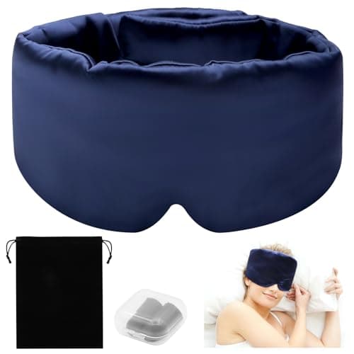 Sleep Mask, VEGCOO Silk Sleeping Mask 100% Blackout Eye Mask for Sleeping Soft & Comfortable Sleep Eye Mask with Earplugs & Storage Bag, Adjustable Blindfold for Women Men All Night Sleep (Navy)