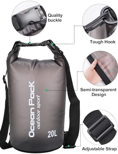 Henrycares Waterproof Dry Bag 20L 10L 5L, Sack with Phone Dry Bag and Long Adjustable Shoulder Strap Included, for Traval, Camping, Hiking, Swimming, Boating, Fishing (Black, 20L) — view 5