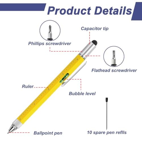 11 PCS Multi Tool Pen, Multitool Pen 6 in 1 Yellow Cool Gadgets for Men Husband Grandpa Engineer Handyman with Stylus Bubble Level Ruler Flathead Phillips Screwdriver Ballpoint and 10 Extra Refills — view 3
