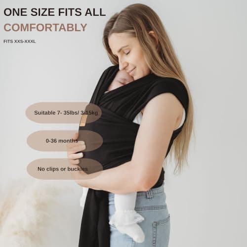 RYLOOBABY Baby Sling Carrier & Stretchy Baby Wrap - Newborn Baby Carrier 3.2–15 kg, Soft Cotton Hands-Free Babywearing Sling, Hip Healthy, One Size XXS–XXXL - Black — view 4