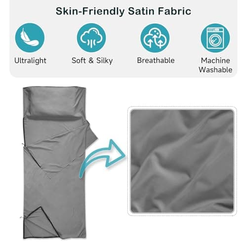 WILLNORN Sleeping Bag Liner, Ultralight 280g Silky Satin Adult Sleep Sack & Self Tan Sleep Sack with Two-Way-Zipper, Single Camping Sheet & Travel Sheets for Hotel — view 2