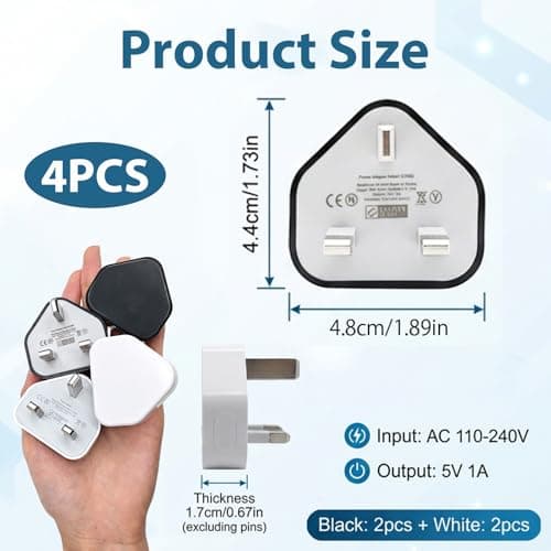 USB Plug USB Charger Plug Adaptor UK 4Pack with USB Single Port 5V 1A 3 Pin — view 2