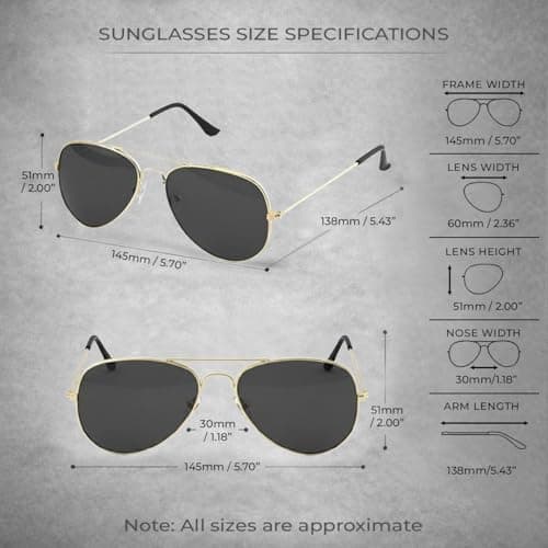 Komonee Pilot Style Designer Sunglasses - Gold Frame Black Lens Classic Retro Shades, Unisex Men & Women UV400 Protection Glasses, Great for Cycling Golf Fishing Sports & Holidays — view 5