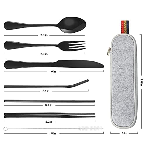 Travel Cutlery Set, 8 Piece Travel & Picnic Utensils for 1 Person, Dishwasher Safe, Includes Knife, Fork, Spoon, Utensil Stick, Cleaning Brush, Straw with Carrying Bag, UV Resistant (Black) — view 6