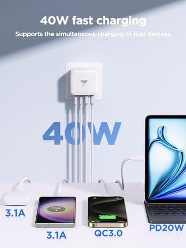 USB C Plug UK, 40W 4-Port Fast Charge USBC Plug Multi USB Charger Dual PD Power Adapter +QC Wall Charger Type C Charging for iPhone 17 16 15 14 13 12 11 Pro Max, Samsung Galaxy, iPad — view 3