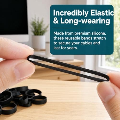 200Pcs Silicone Cable Ties, Small Black Rubber Elastic Bands, Reusable Mini Cable Ties Bands for Data Wire Cord Organiser, Home Office Travel Cable Management — view 2