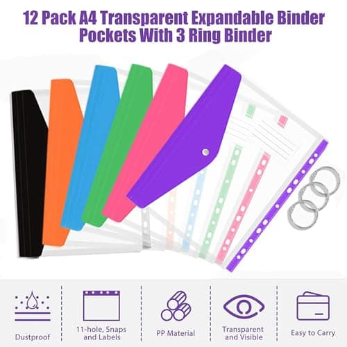 Jnchdghwa 24 Pcs A4 Binder Pocket Expandable Envelopes Clear Plastic Envelopes for Ring Binder Folder, Snap Button — view 3