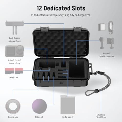 NEEWER Hard Case Compatible with DJI Osmo Action 5 Pro / 4/3 Camera, IP67 Waterproof Dustproof Shockproof Portable Travel Storage Case with Custom Foam Inserts & 12 Slots for Accessories, AC031 — view 2