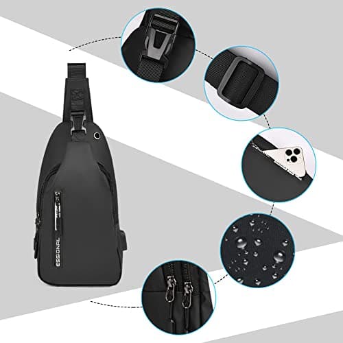 Aucuu Shoulder Bags Chest Bags, Usb Rechargeable Sling Bags, Crossbody Daypacks Small Backpacks, Anti-theft Waterproof Lightweight One Strap Rucksack Messenger Bags for Hiking, (Black) — view 4