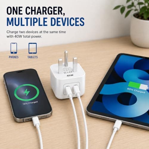 40W USB C Charger Plug, Dual USB C Fast Charger, 2 Port USB C Wall Charger, UK 3 Pin Power Adapter, USB C PD Charger for Phones, Tablets & Other USB C Devices — view 5
