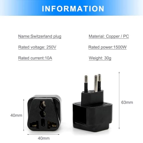 2 Pack UK to Swiss Plug Adapter, European Travel Universal Adapter for Switzerland (2PCS, Black) — view 5