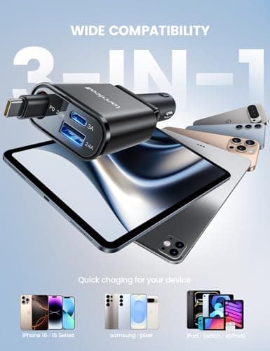 Lamicall 3 in 1 Retractable Car Charger Adapter -【2026 Ultra Compact】57W Cigarette Lighter USB Charger, Car Phone Charge with Type-C Cable/USB C/USB A, 12V/24V Socket for Phone, Android - Black — view 6