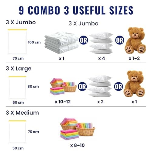 JEKUU Vacuum Storage Bags with Free Hand Pump, 9 Pack Space Saver Vacuum Seal Bags – 3 Jumbo, 3 Large, 3 Medium, Airtight Compression Bags for Clothes, Blankets, Pillows, Comforters, Duvets & Travel — view 2