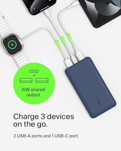 Belkin 10000mAh portable power bank, 10K USB-C portable charger with 1 USB-C port and 2 USB-A ports, battery pack for up to 15W charging for iPhone, Samsung Galaxy, AirPods, iPad, and more - Blue — view 3