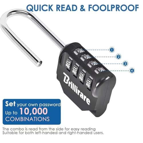 Brillirare Combination Lock, 4-Digit Padlock 2.3 Inch Long Shackle, Waterproof Zinc Alloy Outdoor Travel Luggage Locks Keyless for Backpack, Gym Locker, Hasp, Fence, Gate, Case, Toolbox-Black — view 4