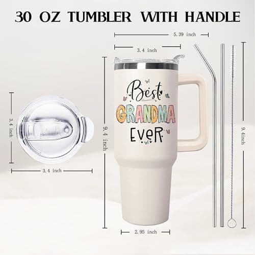 wmvhdiw 30 oz Tumbler with Handle & Straw, Vacuum Insulated Stainless Steel Water Bottle, Best Grandma Ever Floral Travel Mug, Mothers Day Gifts from Daughter Son Kids, Birthday Gifts for Grandma — view 3