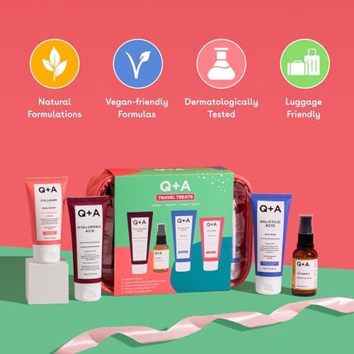 Q+A Travel Treats Gift Set, 4-Piece Skincare & Bodycare Minis with Travel Bag, Hydrating Facial Cleanser (75ml), Vitamin C Serum (30ml), Salicylic Acid Body Wash (75ml) & Collagen Body Butter (50ml) — view 3