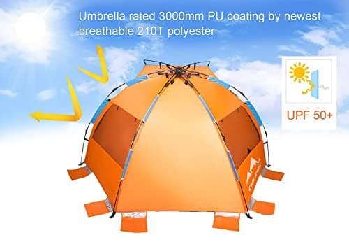 Oileus X-Large 4 Person Beach Tent Sun Shelter - Portable Sun Shade Instant Tent for Beach with Carrying Bag, Stakes, 6 Sand Pockets, Anti UV for Fishing Hiking Camping, Waterproof Windproof, Orange — view 4