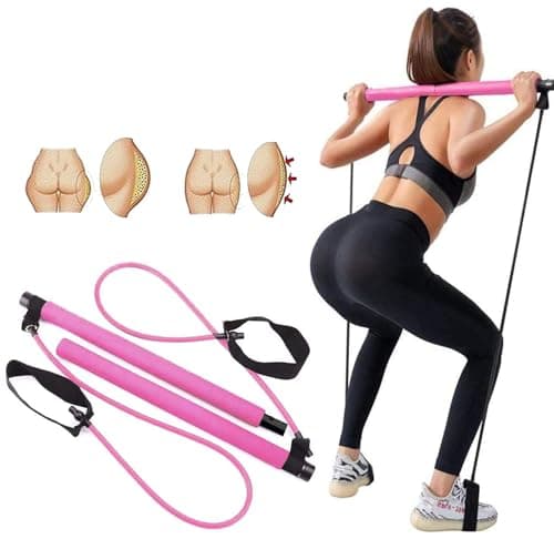 Portable Pilates Bar Kit with Exercise Resistance Band, Pilates Exercise Stick Yoga Fitness Bar with Foot Loop, Muscle Sculpt Leg Stretcher Home Gym Workout Equipment for Total Body Exercise (pink)