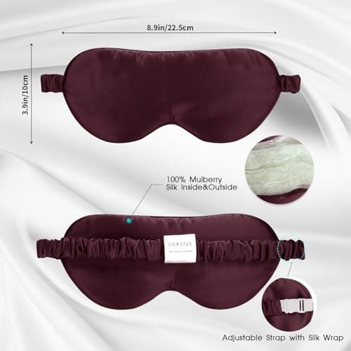 SILKTALE Mulberry Silk Blackout Adjustable Sleep Eye Mask for Men/Women Travel Plane,Burgundy — view 3
