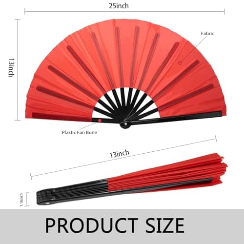 HeHeGe Large Folding Hand Fan Hand Folding Fans Chinese Tai Chi Folding Fan for Men and Women Performance, Dance, Line Dancing，Decorations, Festival, Gift (Red) — view 2