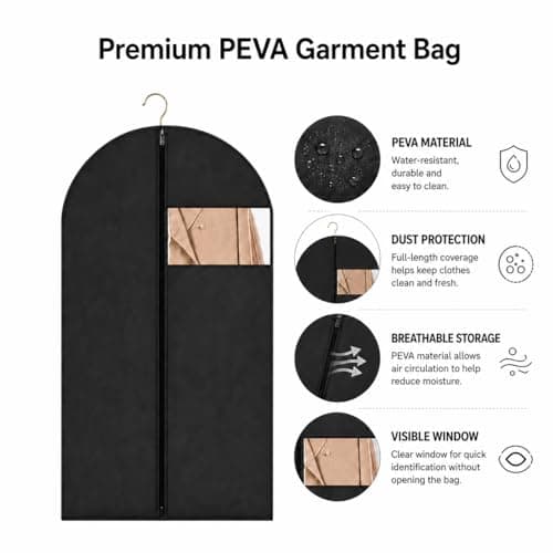 Sytinnice 6 Pack Dress Bags Covers Long 60 x 100 cm / 24 x 40 in, PEVA Hanging Garment Bags with Zipper, Waterproof Dustproof Clothes Covers for Suits, Shirts, Jackets, Short Dresses, Coats — view 3