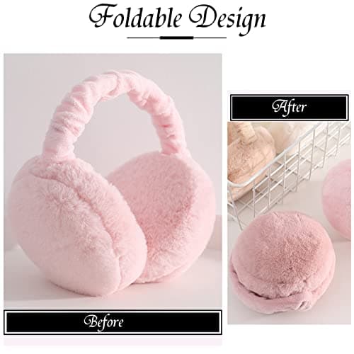 IHCEMIH Ear Muffs, Women Earmuffs Winter Accessories Fluffy Plush Foldable Adults Outdoor Thermal Ear Warmer Skiing Running Ears Covers Protector from Wind Cold Gift for Girls Ladies Pink — view 3