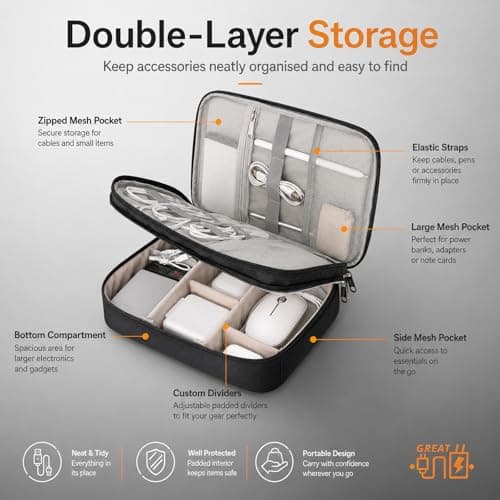 FAVORTALK Cable Organiser Bag Holiday Essentials for Men 3-Layers Cable Bag with Removable Bulkhead Waterproof Accessories Black Storage Bags with Charger Cables Power Adapter Power Bank, Black B21604 — view 2