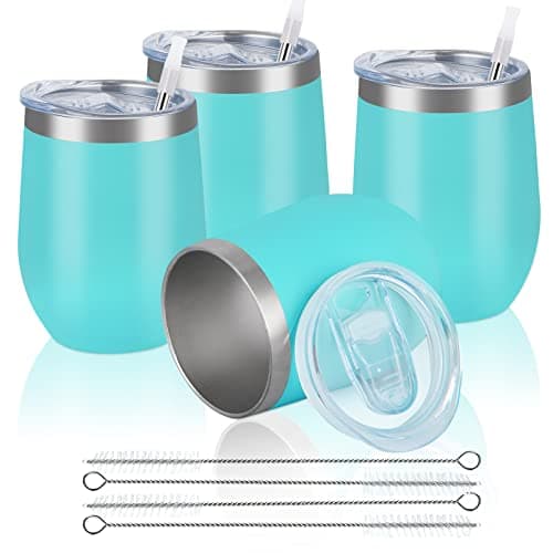 Reusable Coffee Cup, Double Walled -Insulated Travel Mug Vacuum Stainless Steel Wine Tumbler with Spill Proof Lid, Great for Hot & Cold Drinks - Coffee, Wine, 12oz/340ml (4 Piece Set, Aqua Blue)