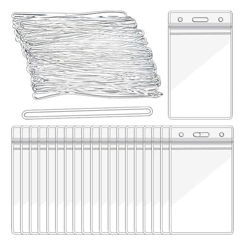 FSSTUD 50 Pcs Clear Badge Tag Holders Plastic Tag Sleeves Small ID Card Cases Travel Luggage Bag Tag Holders Waterproof Name Tag Covers with 50 Pcs Loops Straps for Office School
