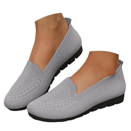 Boat Shoes Women Wide Fit Knitted Mesh Slip-On Flats Solid Color Breathable Low-Cut Casual Loafers with Soft Non-Slip Soles Lightweight Comfortable Walking Shoes for Everyday Wear Office Travel Grey