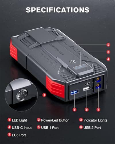 Povasee Jump Starter Power Pack, 6000A Car Battery Booster Jump Starter Power Bank (up to 10L Petrol/8L Diesel), 12V Jump Pack Car Starter with Jump Leads, Emergency LED and 2 USB Ports — view 6