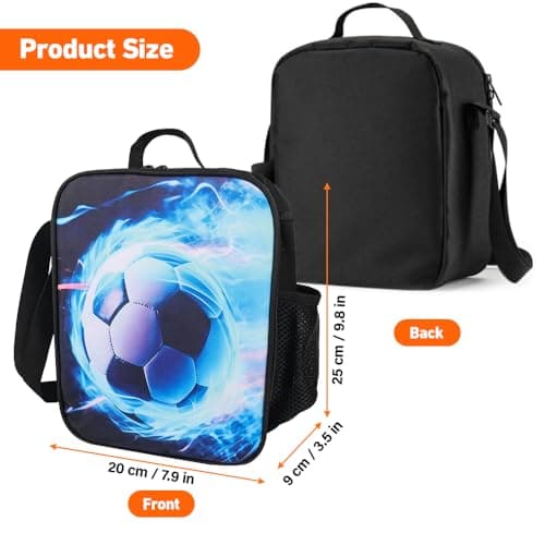 KBIBCK Football Lunch Box Bag, 3D Football Insulated Lunch Bag Kids, Portable Footballs Lunch Box with Water Bottle Holder, Insulated Lunch Bag for Kids Boy Girl for School Picnic Travel & Camping (B) — view 2