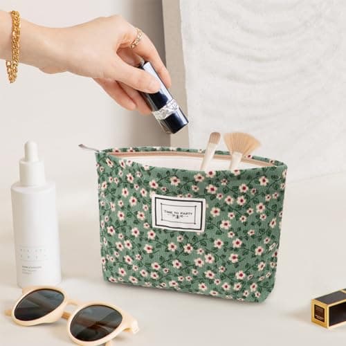 Aucuu Floral Canvas Cosmetic Bags, 2 Pcs Rose Flower Printing Corduroy Toiletry Bag, Multifunctional Travel Makeup Bag With Metal Zipper for Women Girls Gift - Green Flower — view 5